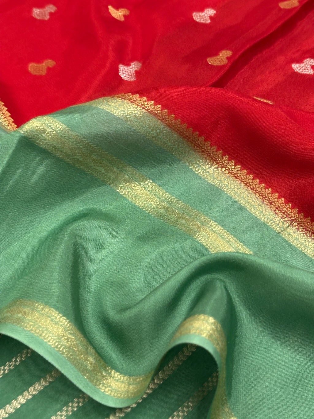 Crimson Red Katan Silk Saree with Gold Buti & Sage Green Satin Zari Border