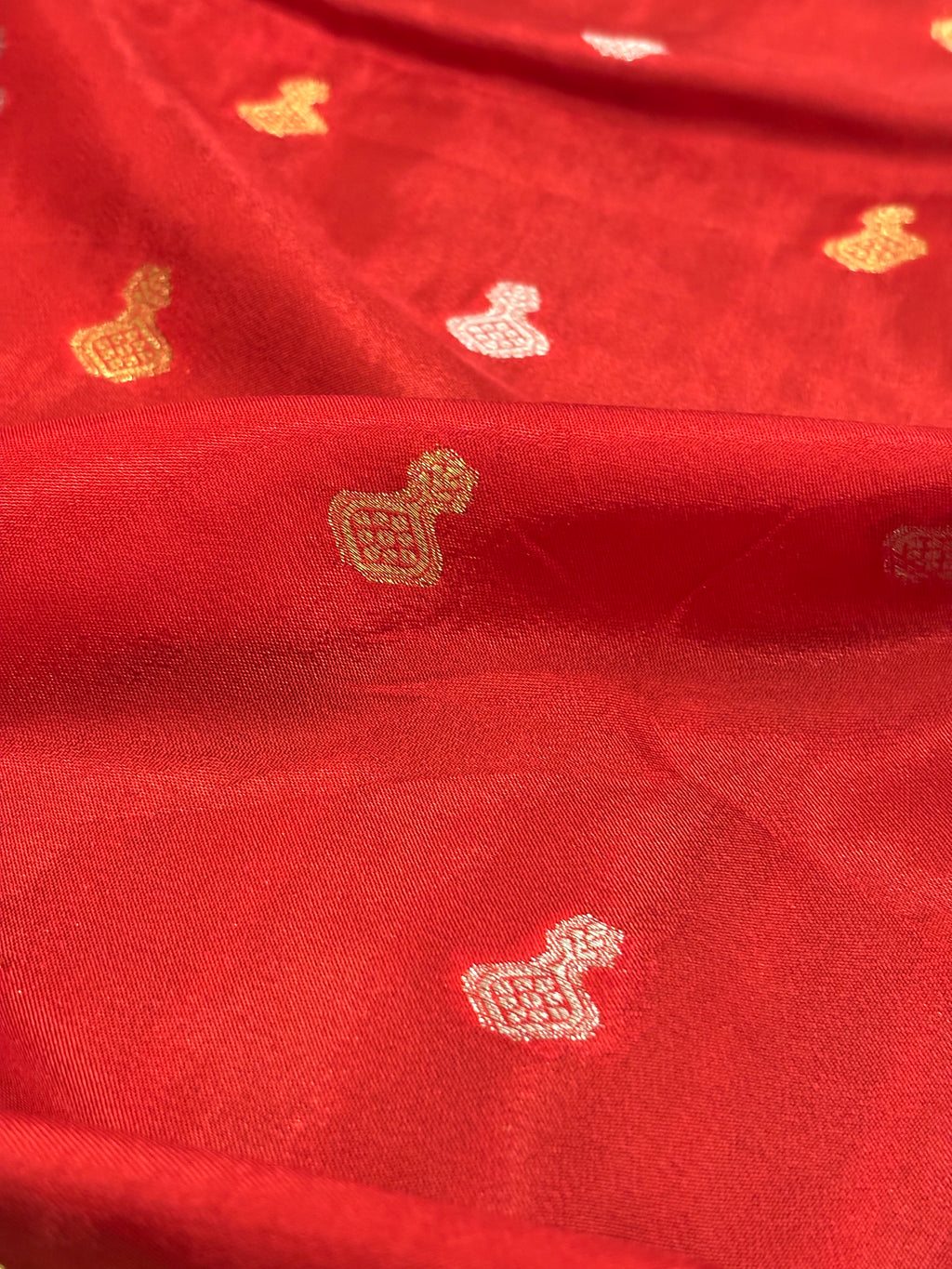 Crimson Red Katan Silk Saree with Gold Buti & Sage Green Satin Zari Border
