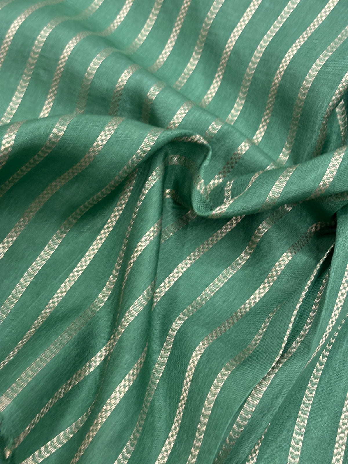 Crimson Red Katan Silk Saree with Gold Buti & Sage Green Satin Zari Border