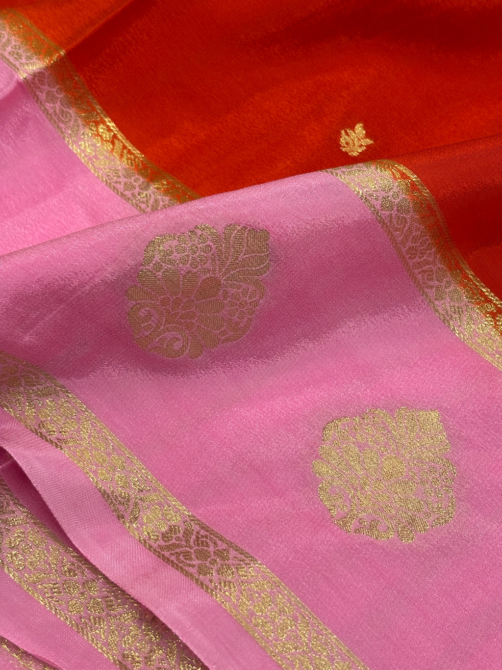 Rust Orange Katan Silk Saree with Gold Buti & Candy Pink Satin Border with Floral Buta