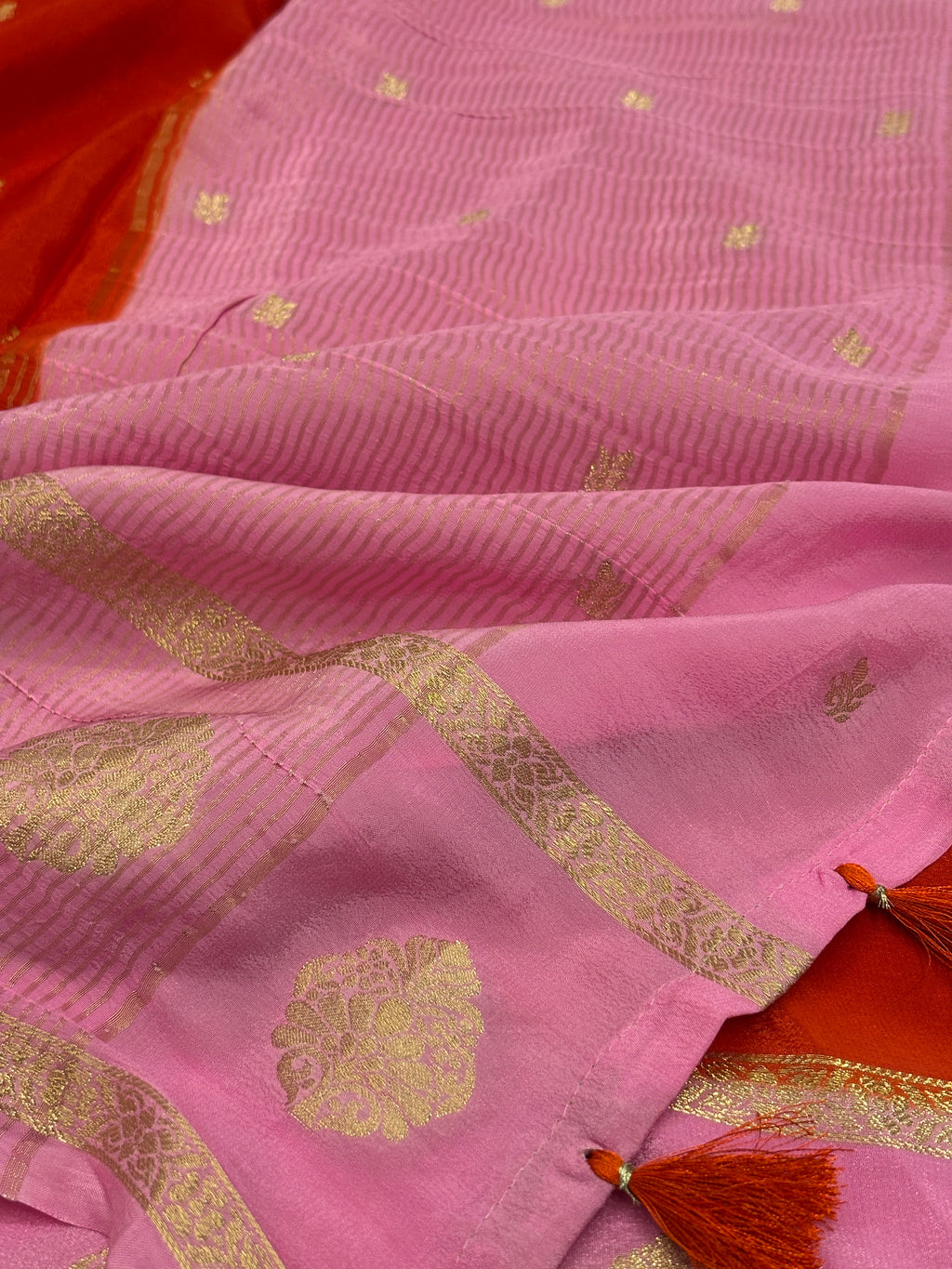 Rust Orange Katan Silk Saree with Gold Buti & Candy Pink Satin Border with Floral Buta