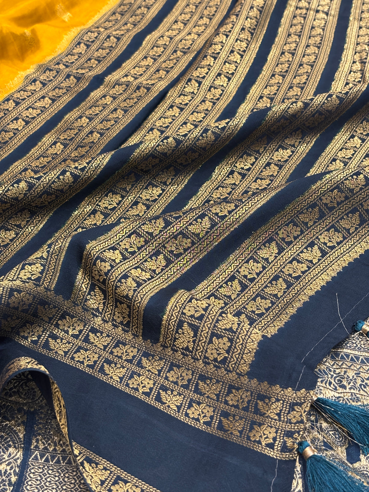 Mustard Yellow Crepe Silk Saree with Zari Buti & Midnight Navy Blue Striped Border