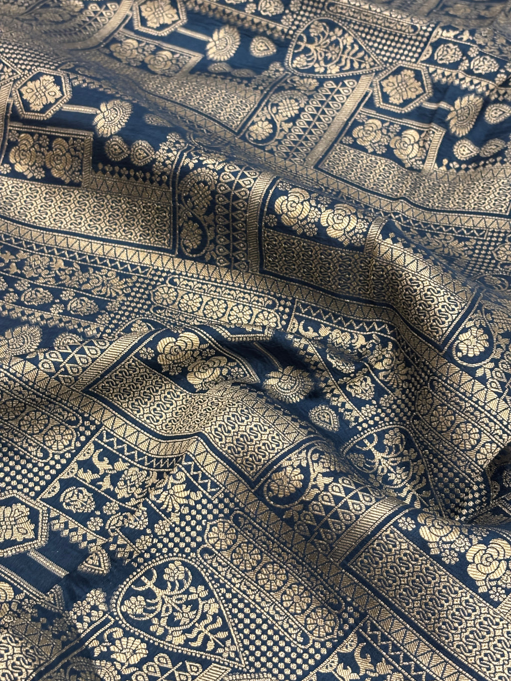 Mustard Yellow Crepe Silk Saree with Zari Buti & Midnight Navy Blue Striped Border