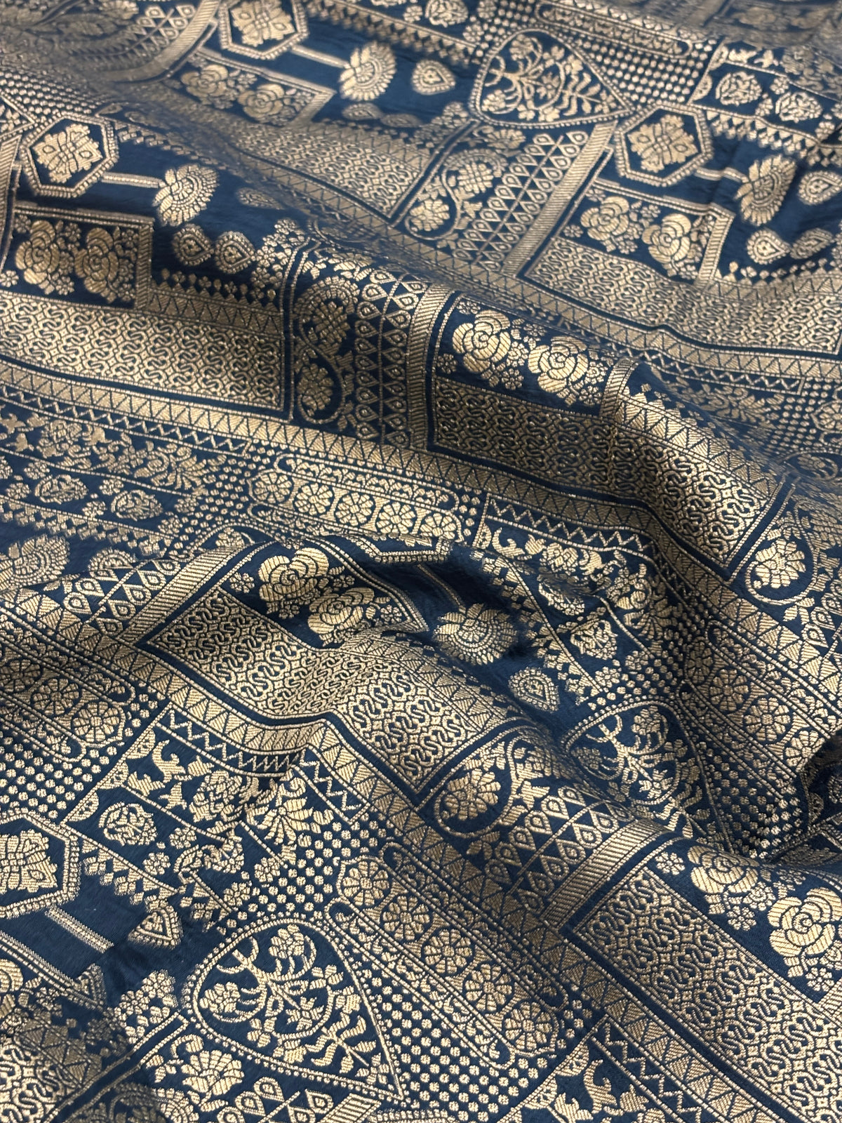 Mustard Yellow Crepe Silk Saree with Zari Buti & Midnight Navy Blue Striped Border
