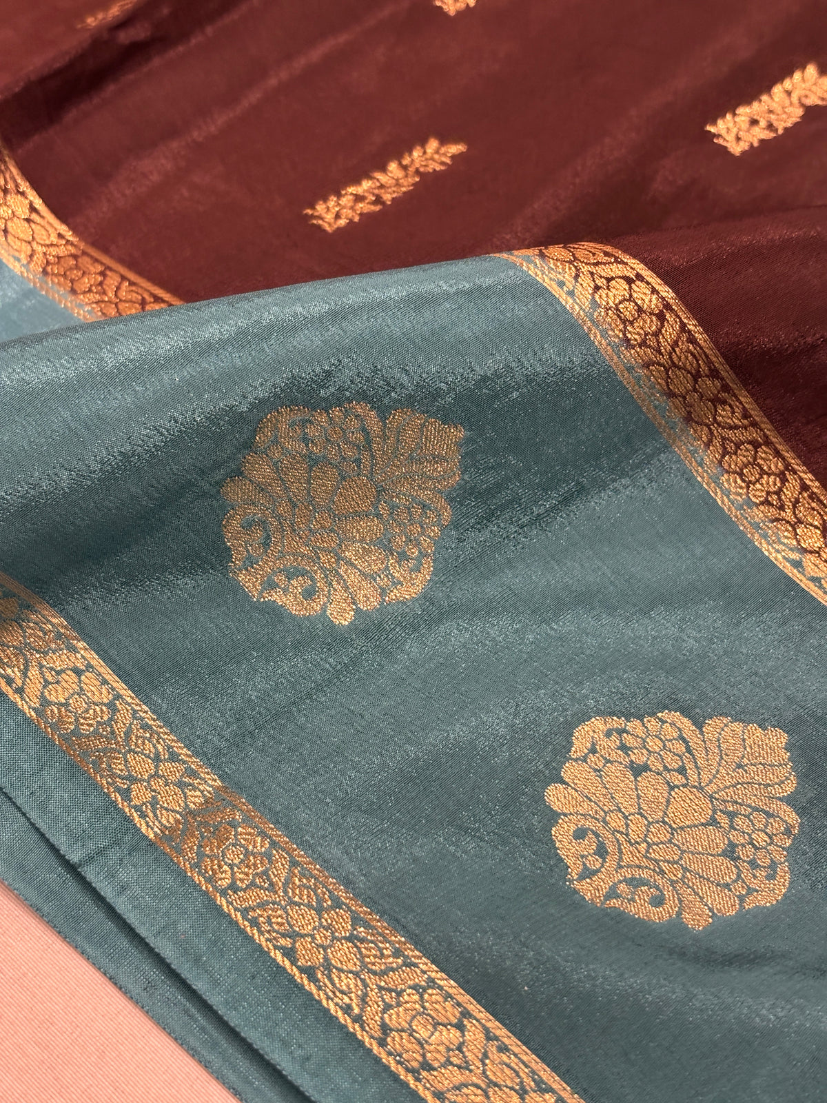 Espresso Brown Crepe Silk Saree with Gold Buti & Teal Blue Zari Buta Border