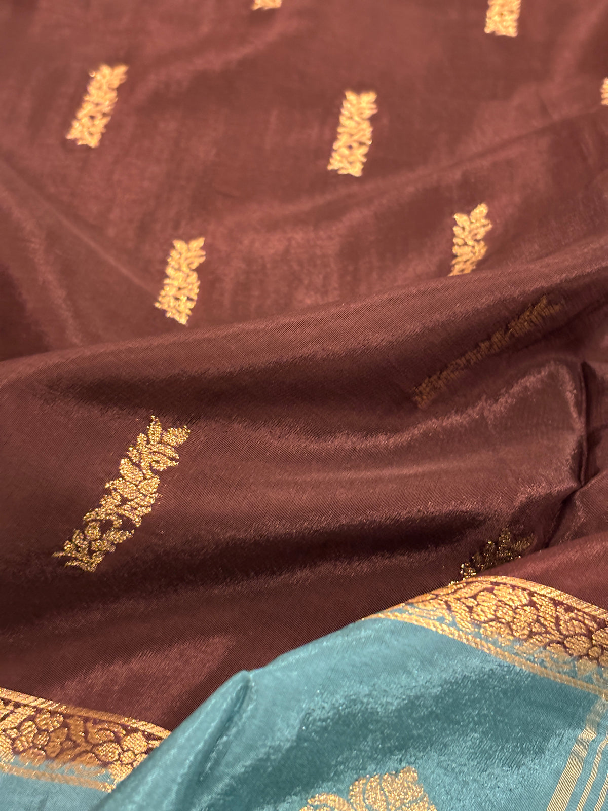 Espresso Brown Crepe Silk Saree with Gold Buti & Teal Blue Zari Buta Border