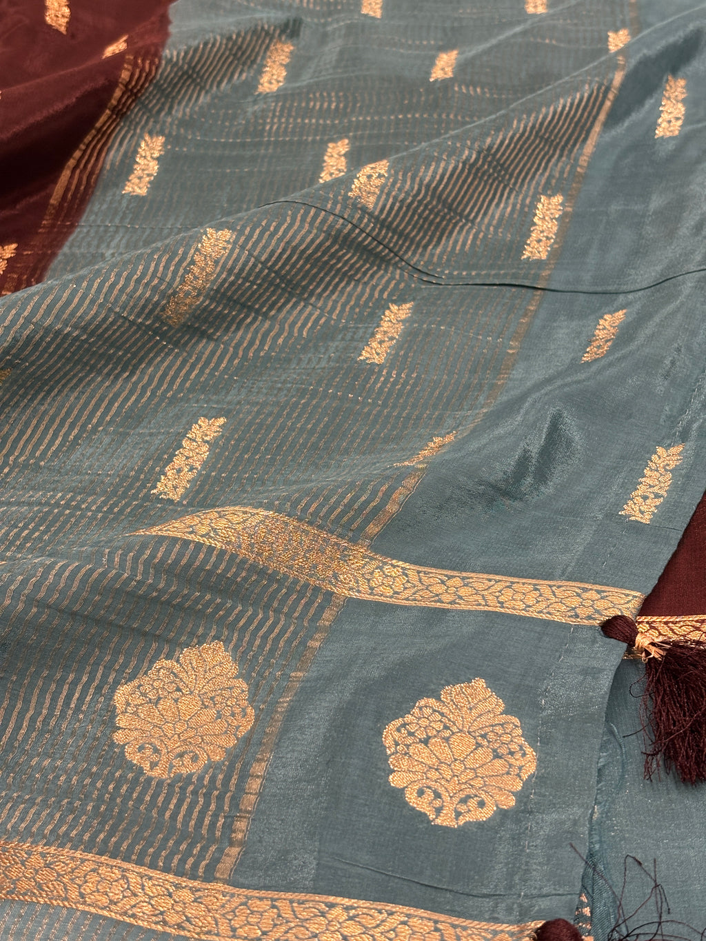 Espresso Brown Crepe Silk Saree with Gold Buti & Teal Blue Zari Buta Border