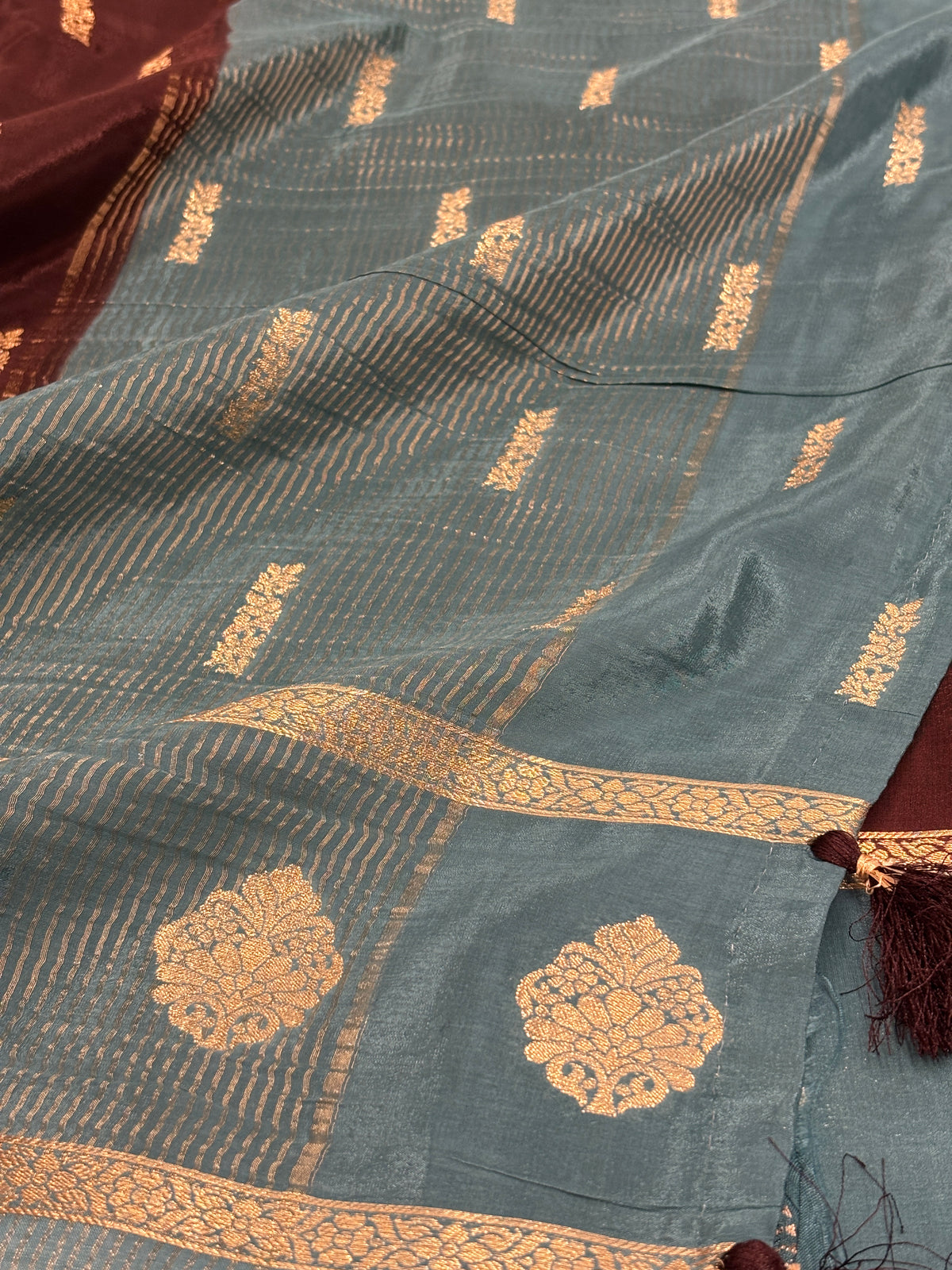 Espresso Brown Crepe Silk Saree with Gold Buti & Teal Blue Zari Buta Border