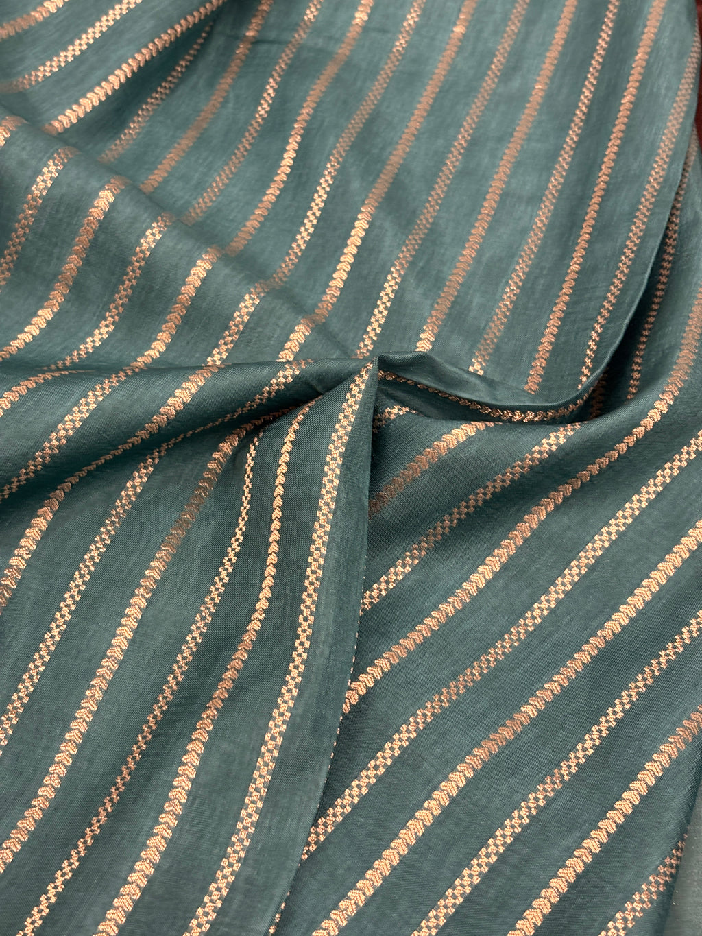 Espresso Brown Crepe Silk Saree with Gold Buti & Teal Blue Zari Buta Border