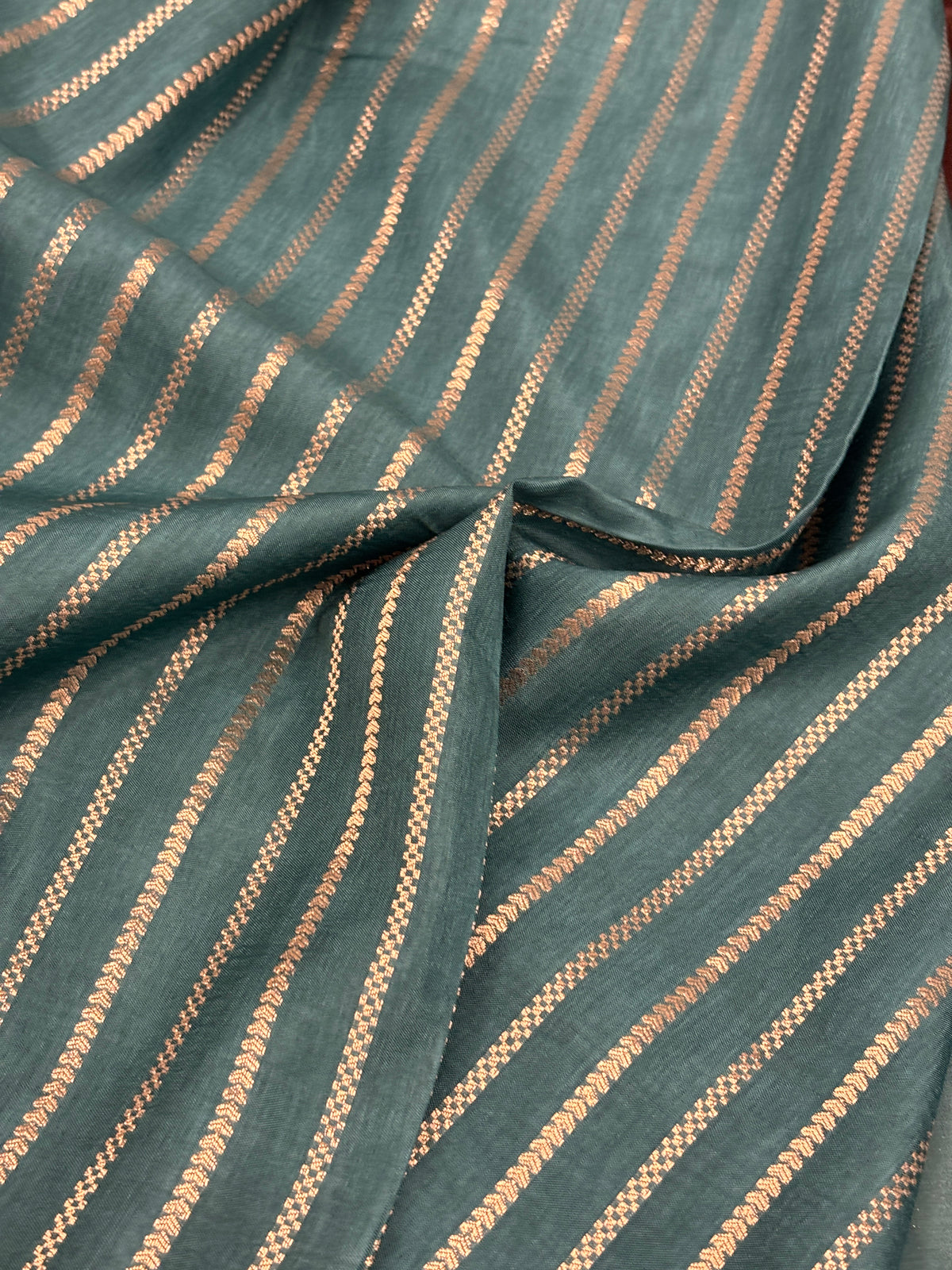Espresso Brown Crepe Silk Saree with Gold Buti & Teal Blue Zari Buta Border