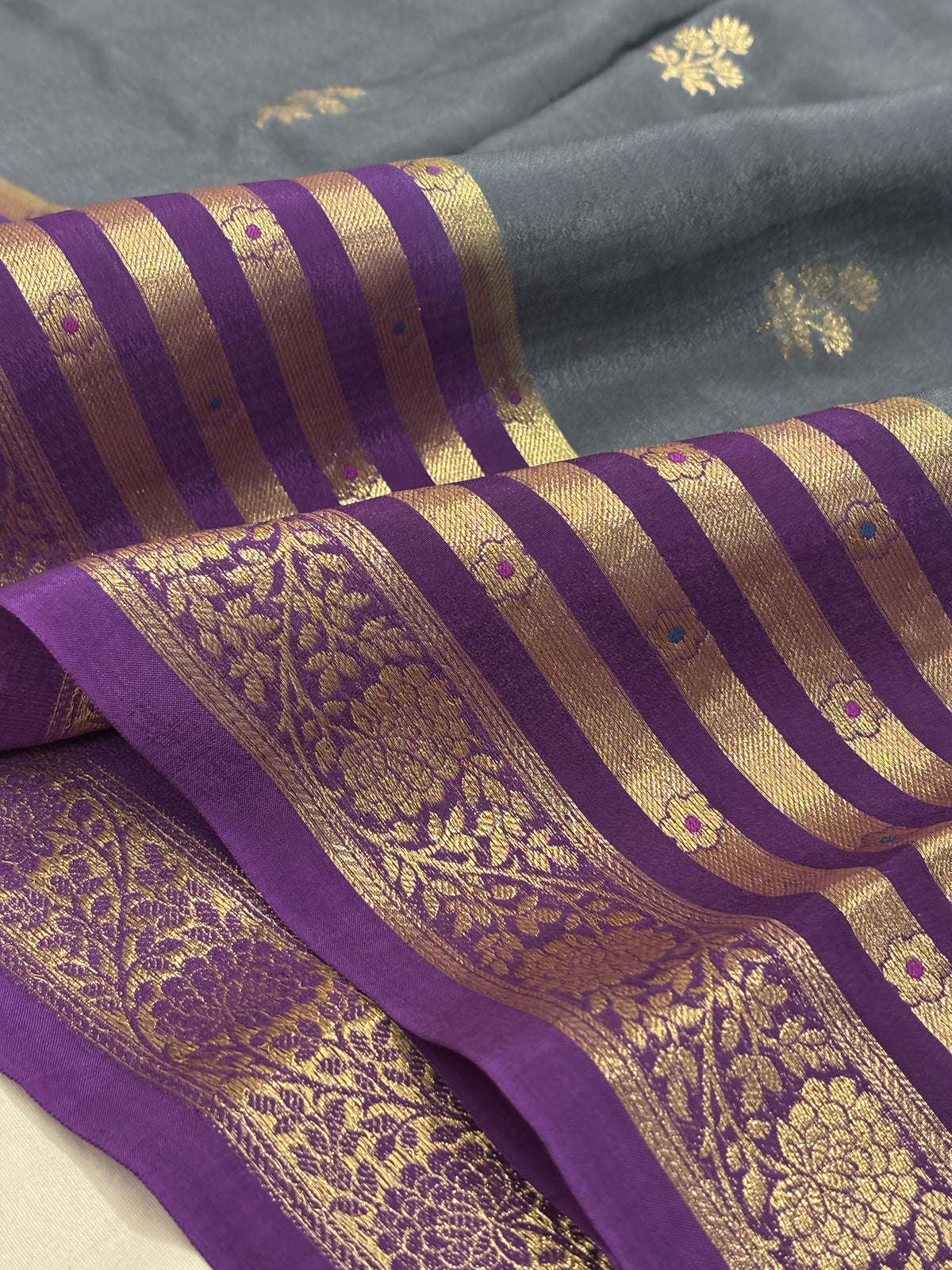 Charcoal Grey Crepe Silk Saree with Gold Zari Buti & Royal Violet Purple Striped Border