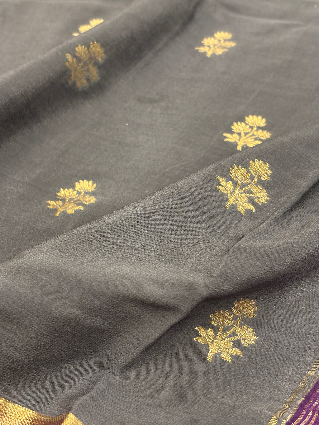 Charcoal Grey Crepe Silk Saree with Gold Zari Buti & Royal Violet Purple Striped Border