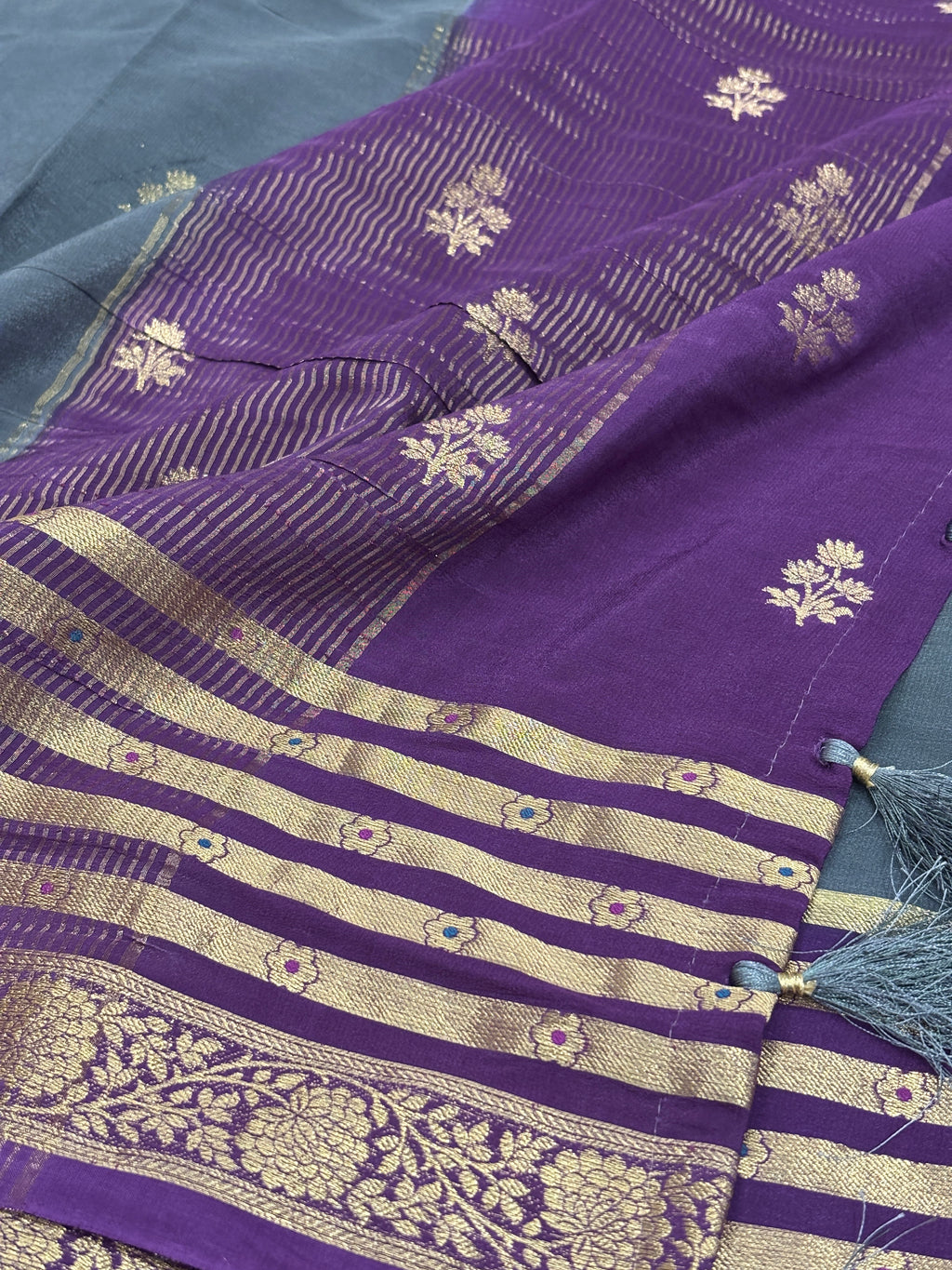 Charcoal Grey Crepe Silk Saree with Gold Zari Buti & Royal Violet Purple Striped Border