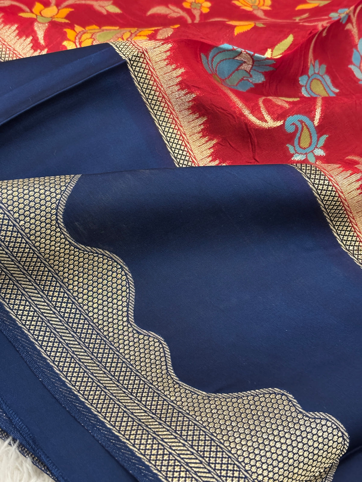 Crimson Red Pure Katan Silk Jamdani Saree with Royal Blue Zari Scallop Border