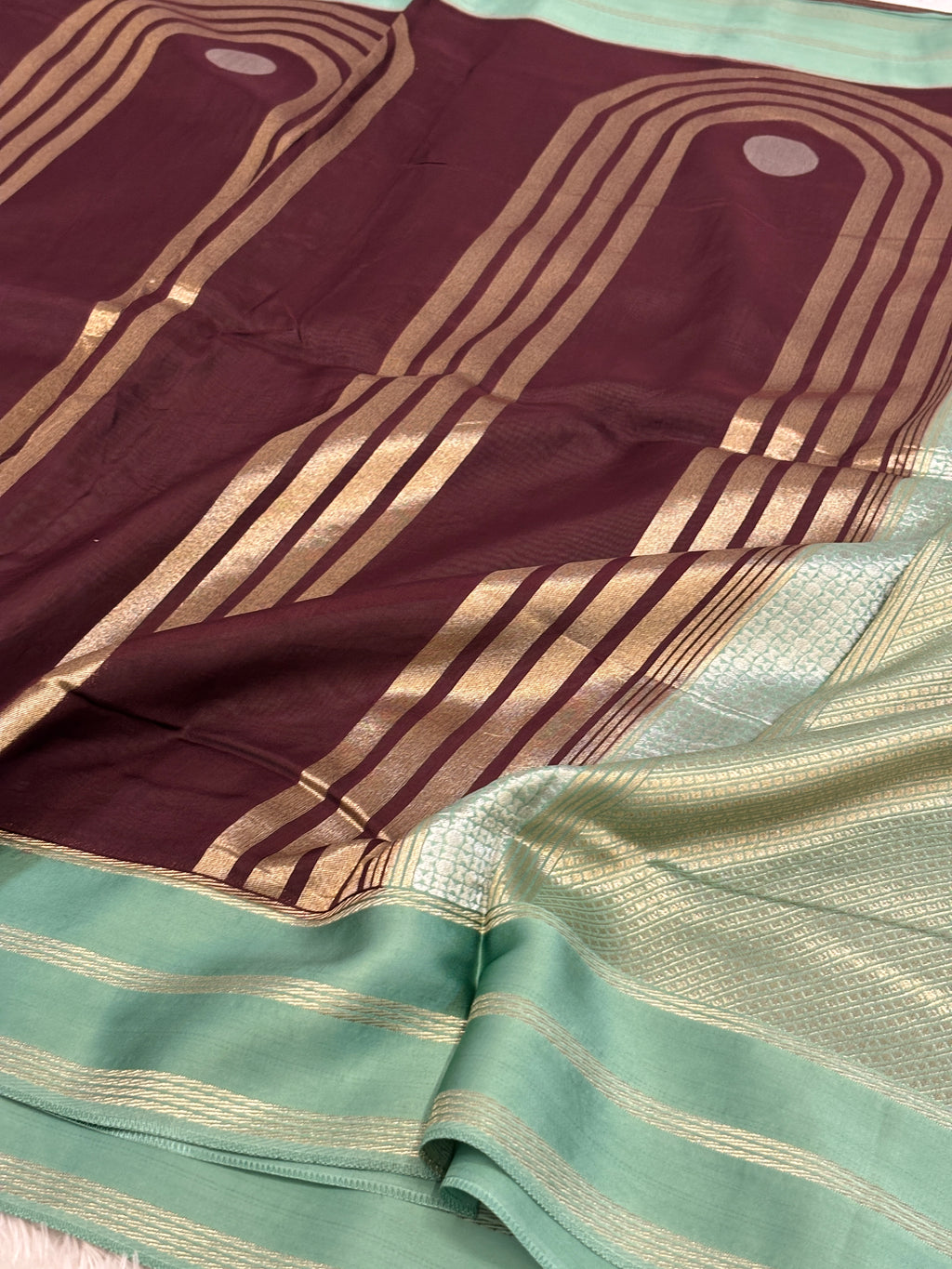 Plum & Sea Green Katan Silk Saree with Modern Abstract Patterns