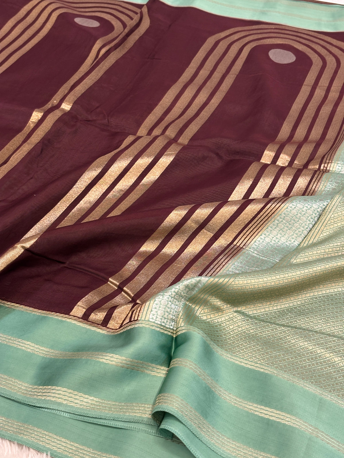 Plum & Sea Green Katan Silk Saree with Modern Abstract Patterns