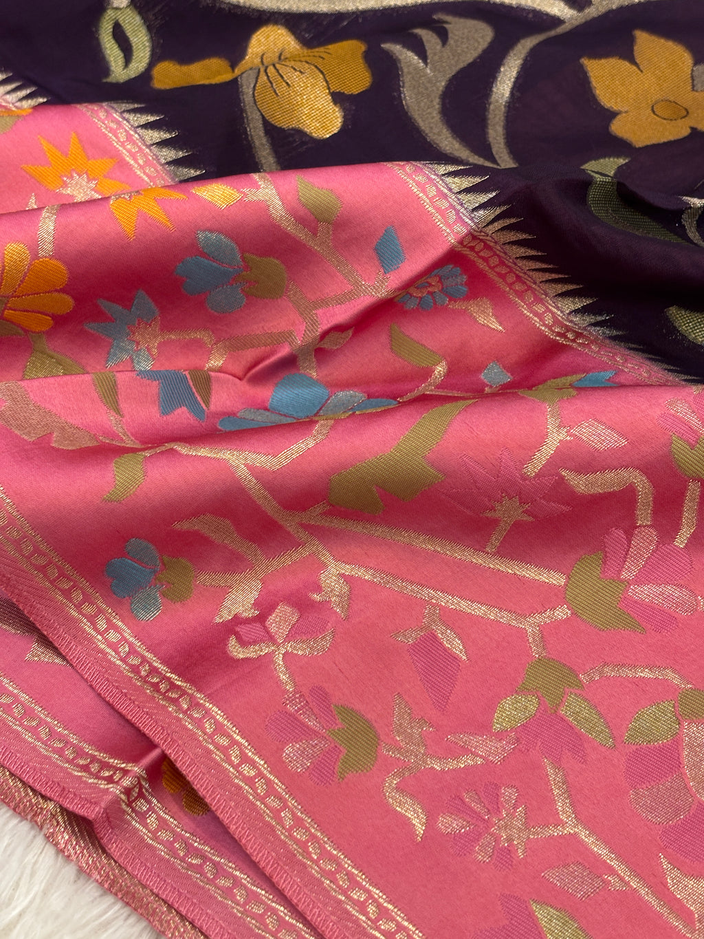Deep Eggplant Purple Katan Silk Saree with Jamdani Floral Border & Rani Pink Zari Pallu