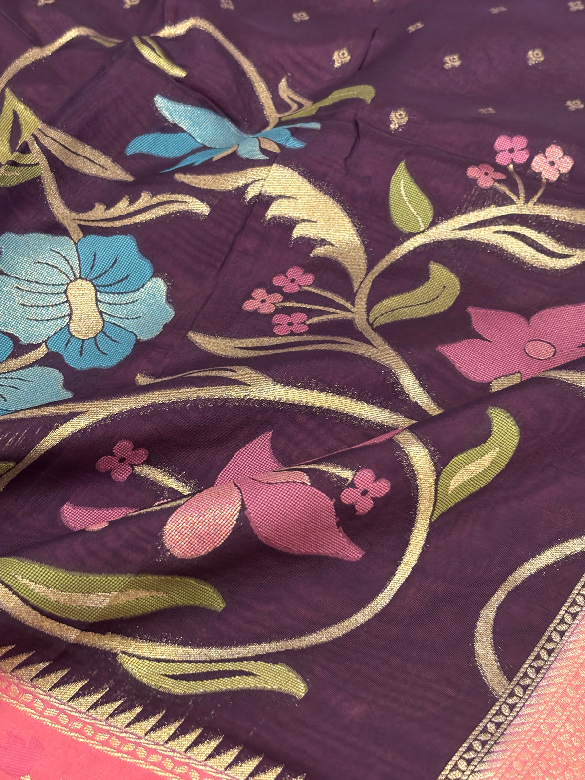 Deep Eggplant Purple Katan Silk Saree with Jamdani Floral Border & Rani Pink Zari Pallu