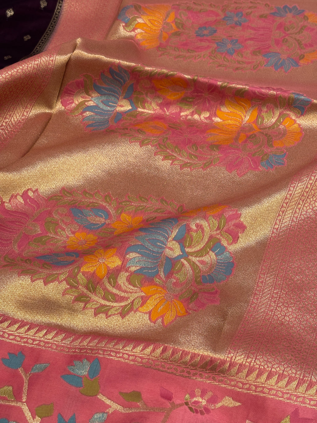 Deep Eggplant Purple Katan Silk Saree with Jamdani Floral Border & Rani Pink Zari Pallu