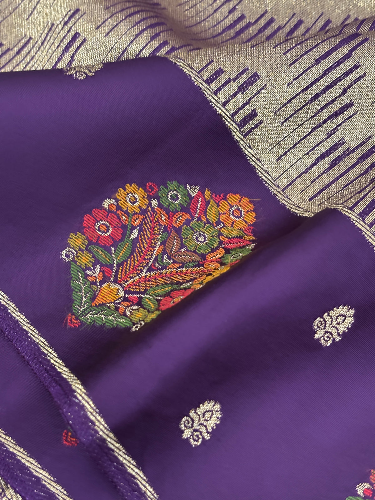 Royal Purple Katan Silk Brocade Saree with Silver-Gold Chevron Weave & Satin Buta Border