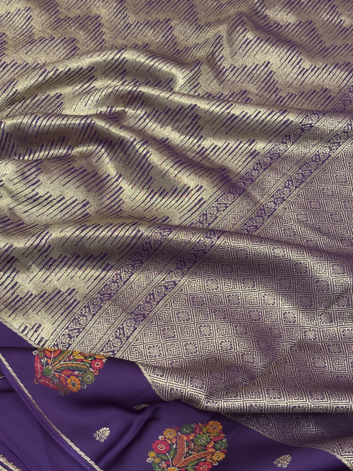 Royal Purple Katan Silk Brocade Saree with Silver-Gold Chevron Weave & Satin Buta Border