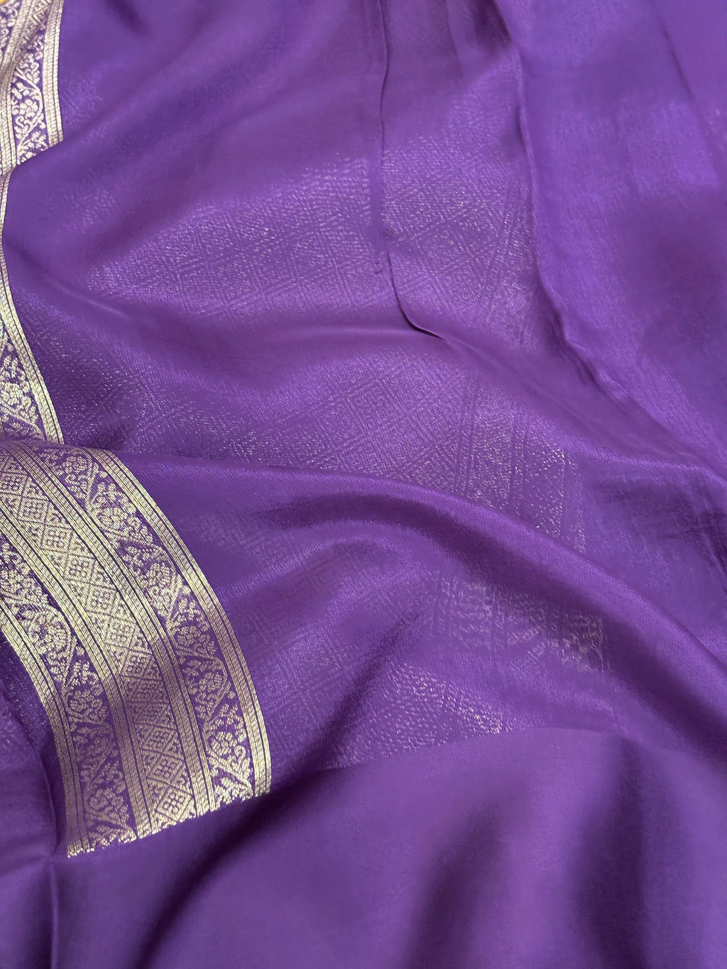 Royal Purple Katan Silk Brocade Saree with Silver-Gold Chevron Weave & Satin Buta Border