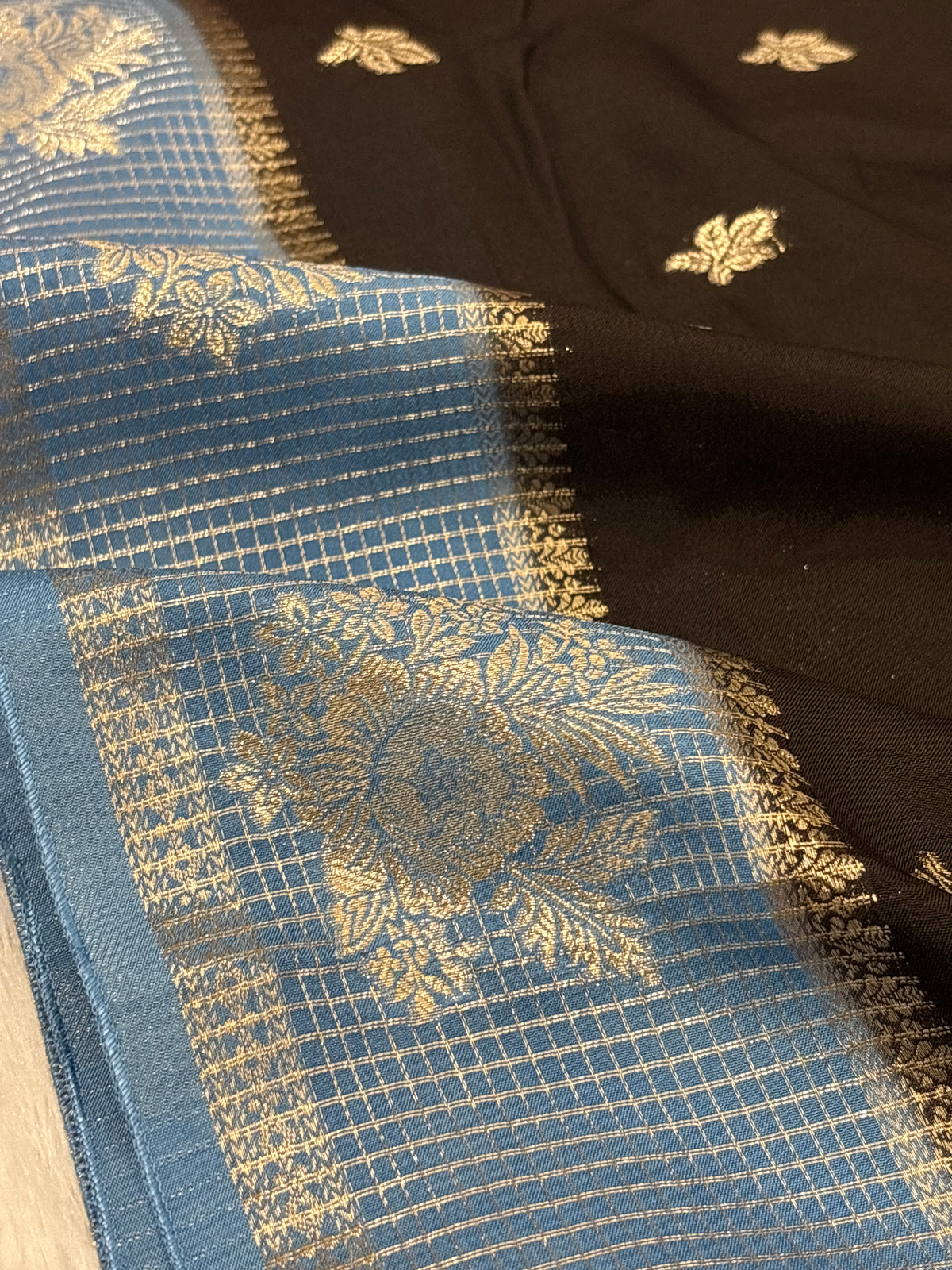 Bottle Green Matka Silk Saree with Gold Buti & Bright Canary Yellow Zari Pallu