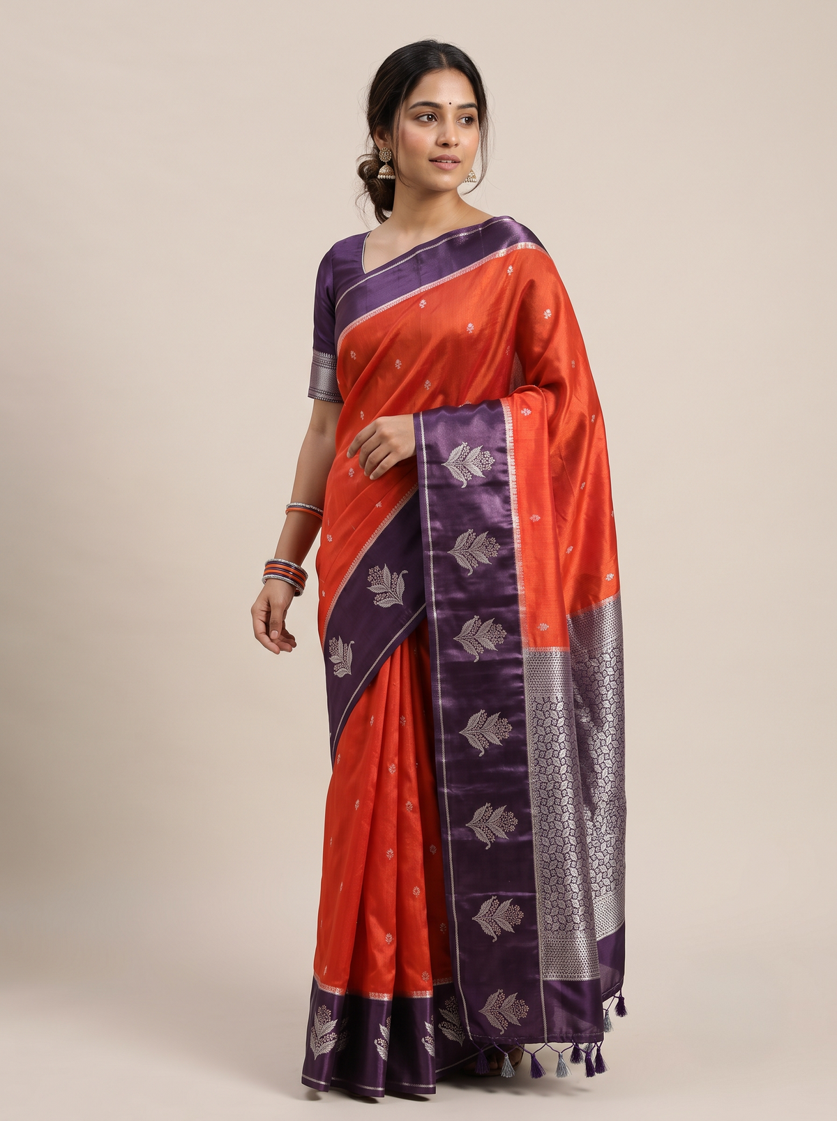 Tangerine Orange Matka Silk Saree with Silver Buti & Royal Purple Satin Border