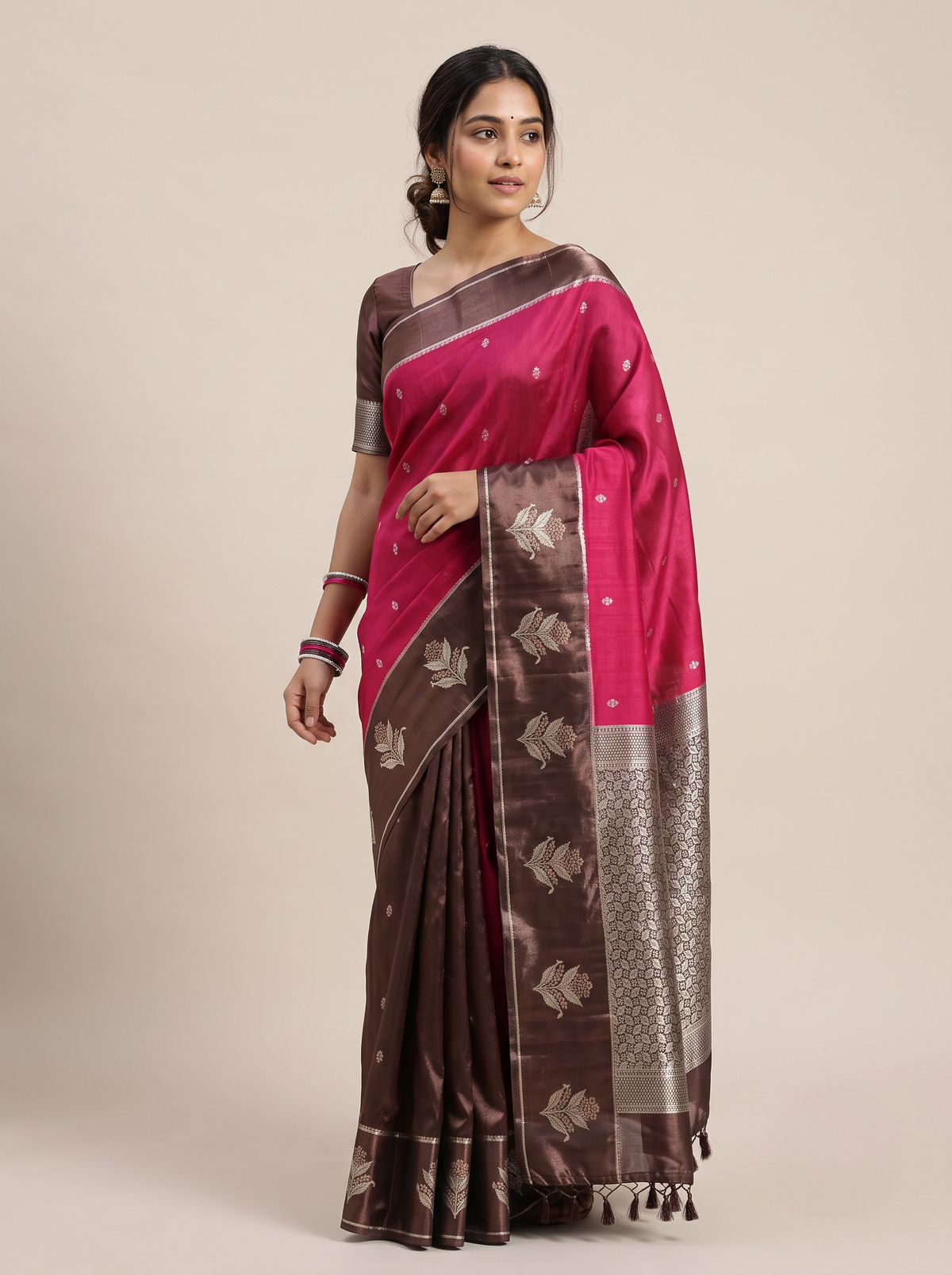 Tangerine Orange Matka Silk Saree with Silver Buti & Royal Purple Satin Border