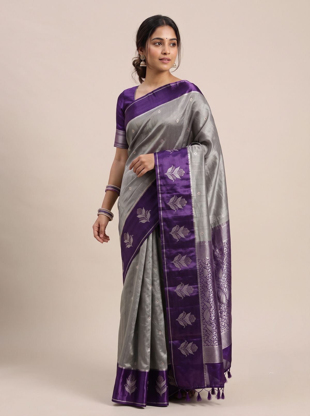 Tangerine Orange Matka Silk Saree with Silver Buti & Royal Purple Satin Border