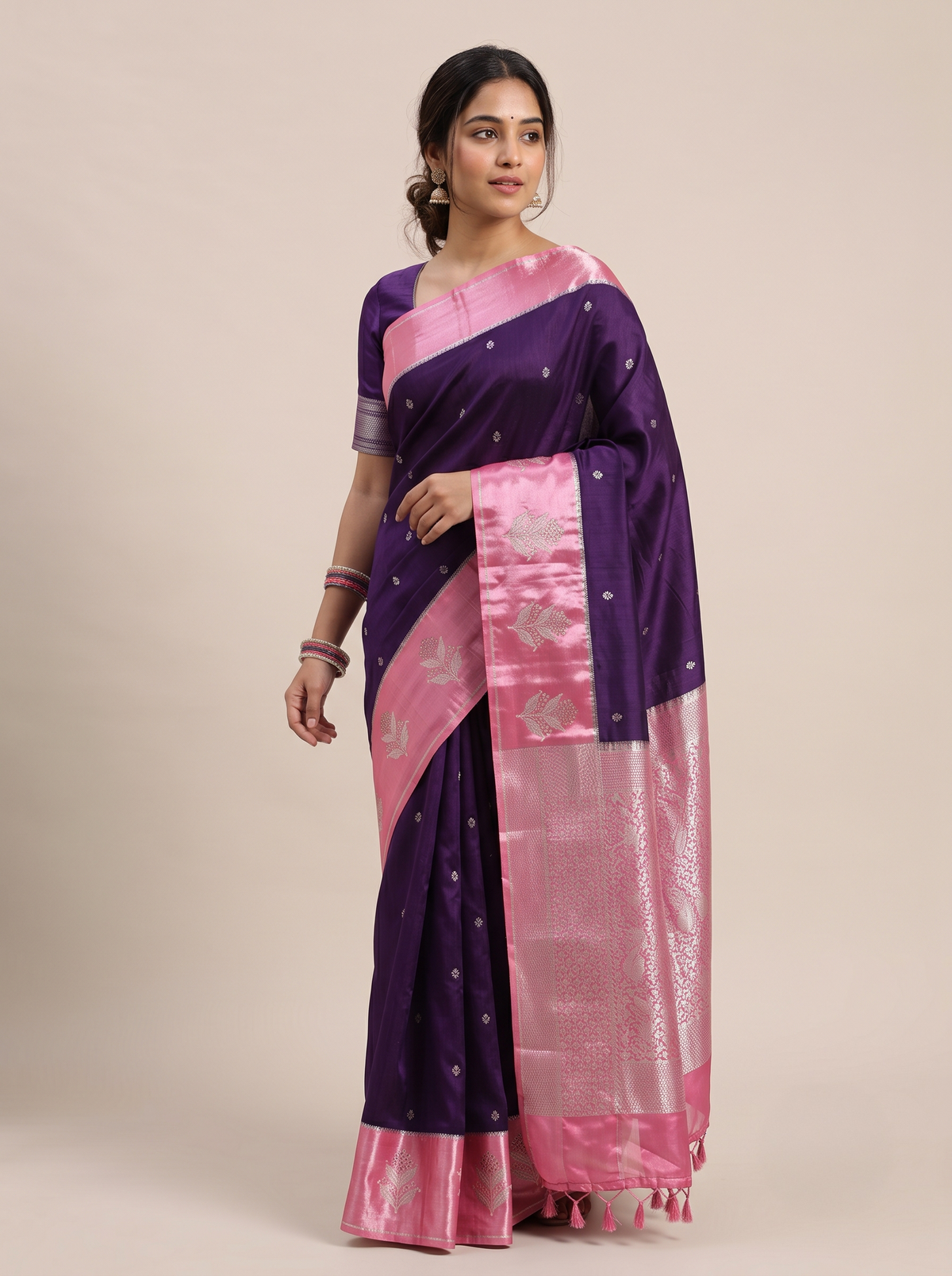 Tangerine Orange Matka Silk Saree with Silver Buti & Royal Purple Satin Border