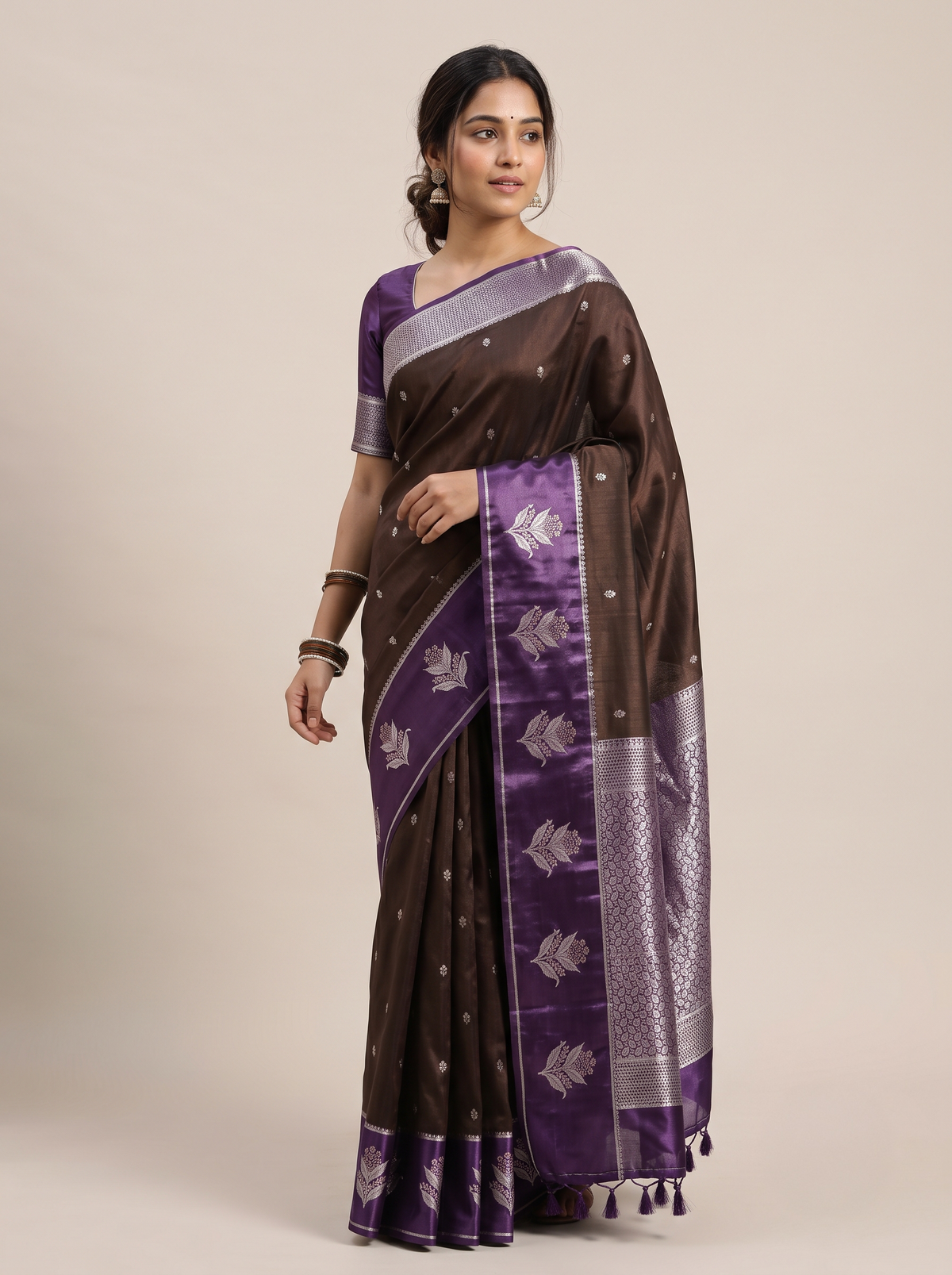 Tangerine Orange Matka Silk Saree with Silver Buti & Royal Purple Satin Border