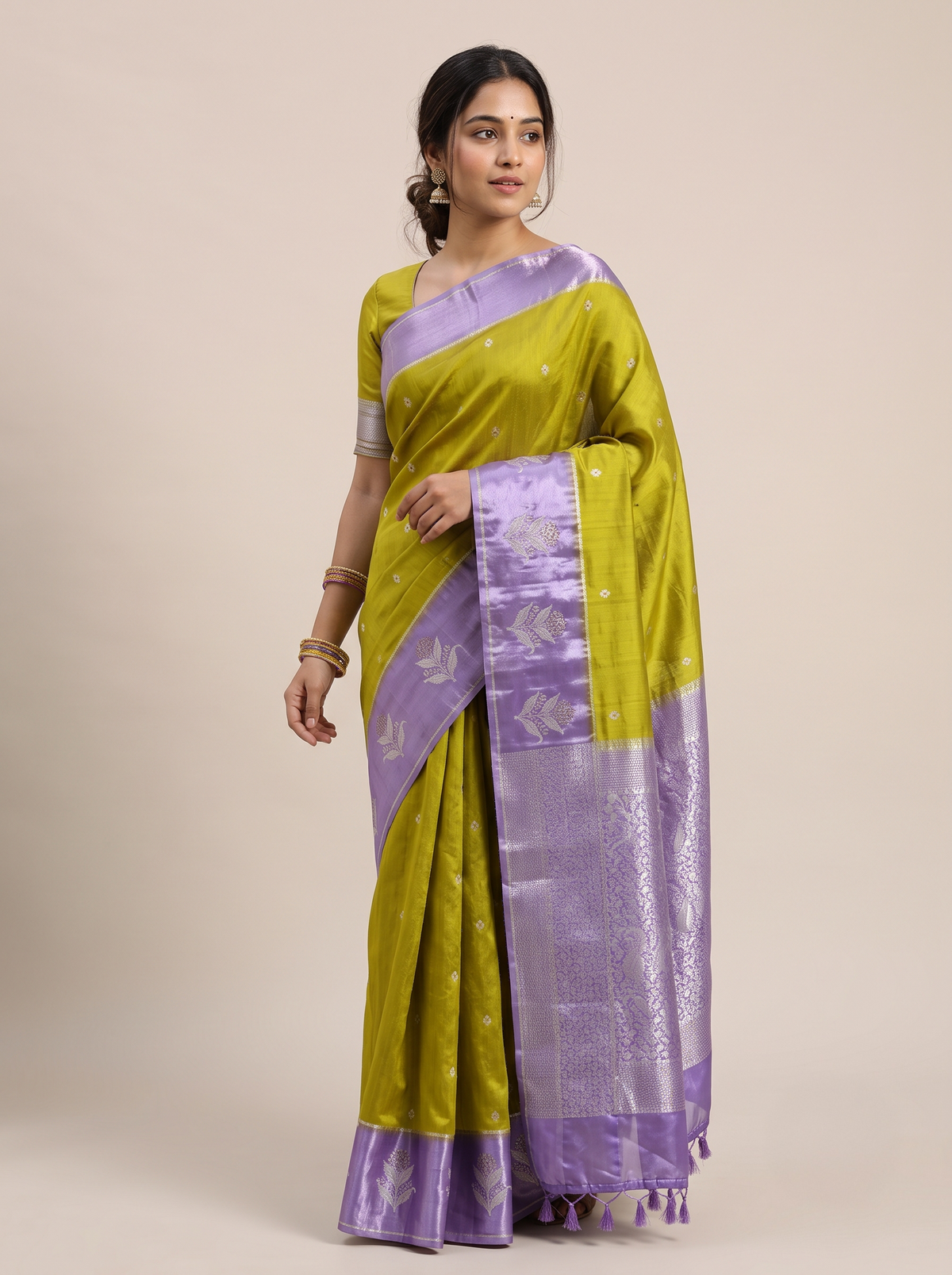 Tangerine Orange Matka Silk Saree with Silver Buti & Royal Purple Satin Border