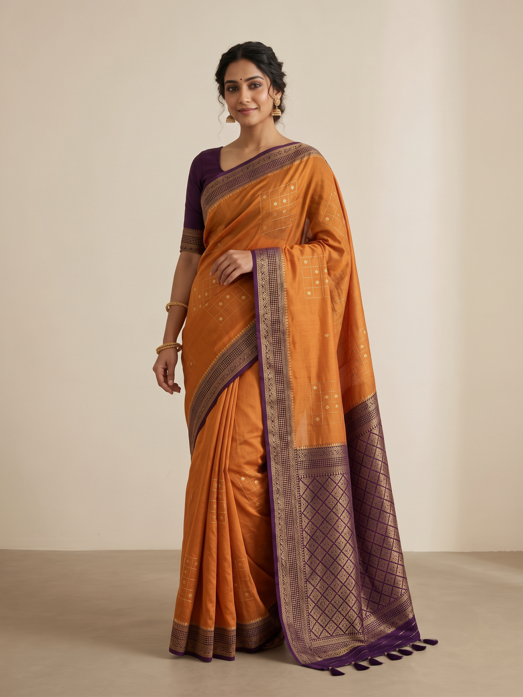 Mustard Yellow Matka Silk Saree with Geometric Zari Weave & Deep Wine Brown Border