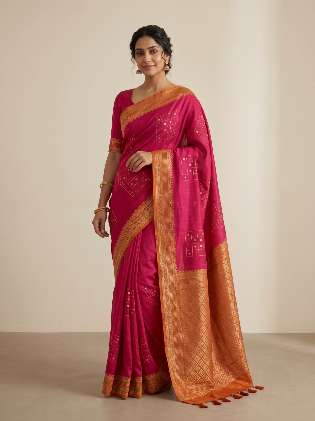 Mustard Yellow Matka Silk Saree with Geometric Zari Weave & Deep Wine Brown Border
