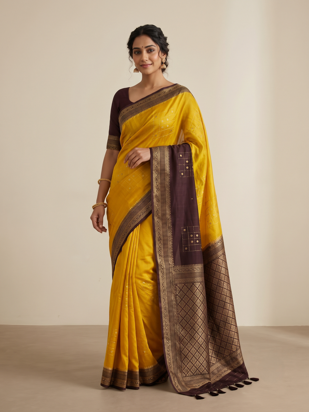 Mustard Yellow Matka Silk Saree with Geometric Zari Weave & Deep Wine Brown Border