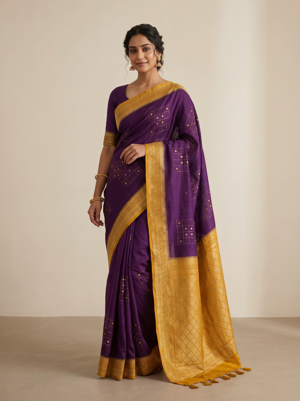 Mustard Yellow Matka Silk Saree with Geometric Zari Weave & Deep Wine Brown Border