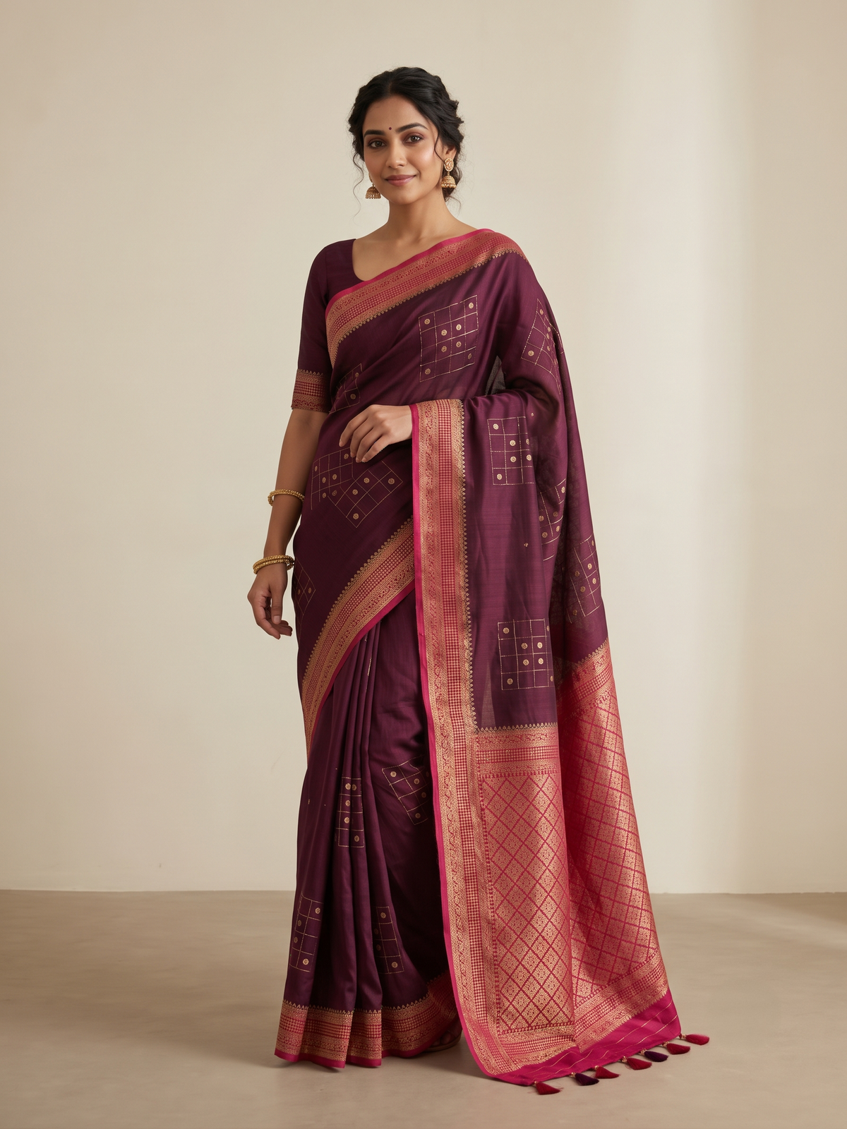 Mustard Yellow Matka Silk Saree with Geometric Zari Weave & Deep Wine Brown Border