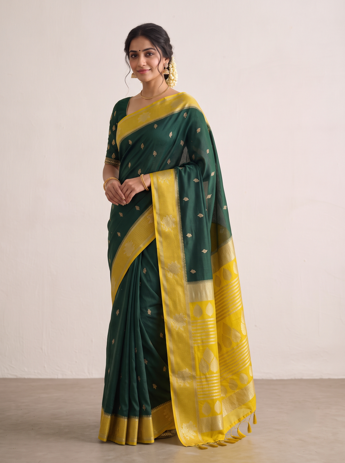 Bottle Green Matka Silk Saree with Gold Buti & Bright Canary Yellow Zari Pallu