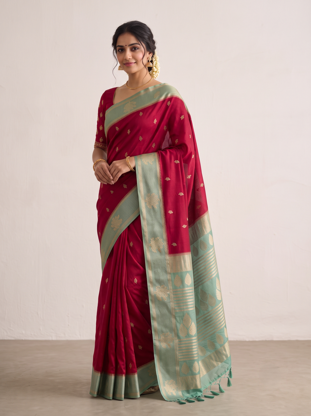 Bottle Green Matka Silk Saree with Gold Buti & Bright Canary Yellow Zari Pallu