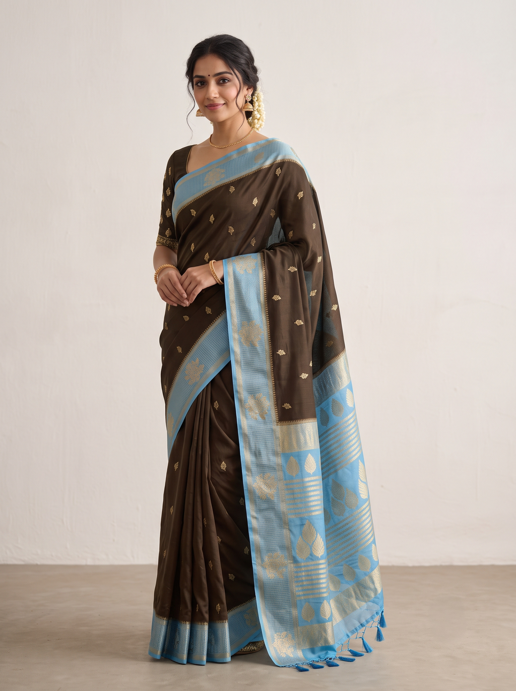 Bottle Green Matka Silk Saree with Gold Buti & Bright Canary Yellow Zari Pallu