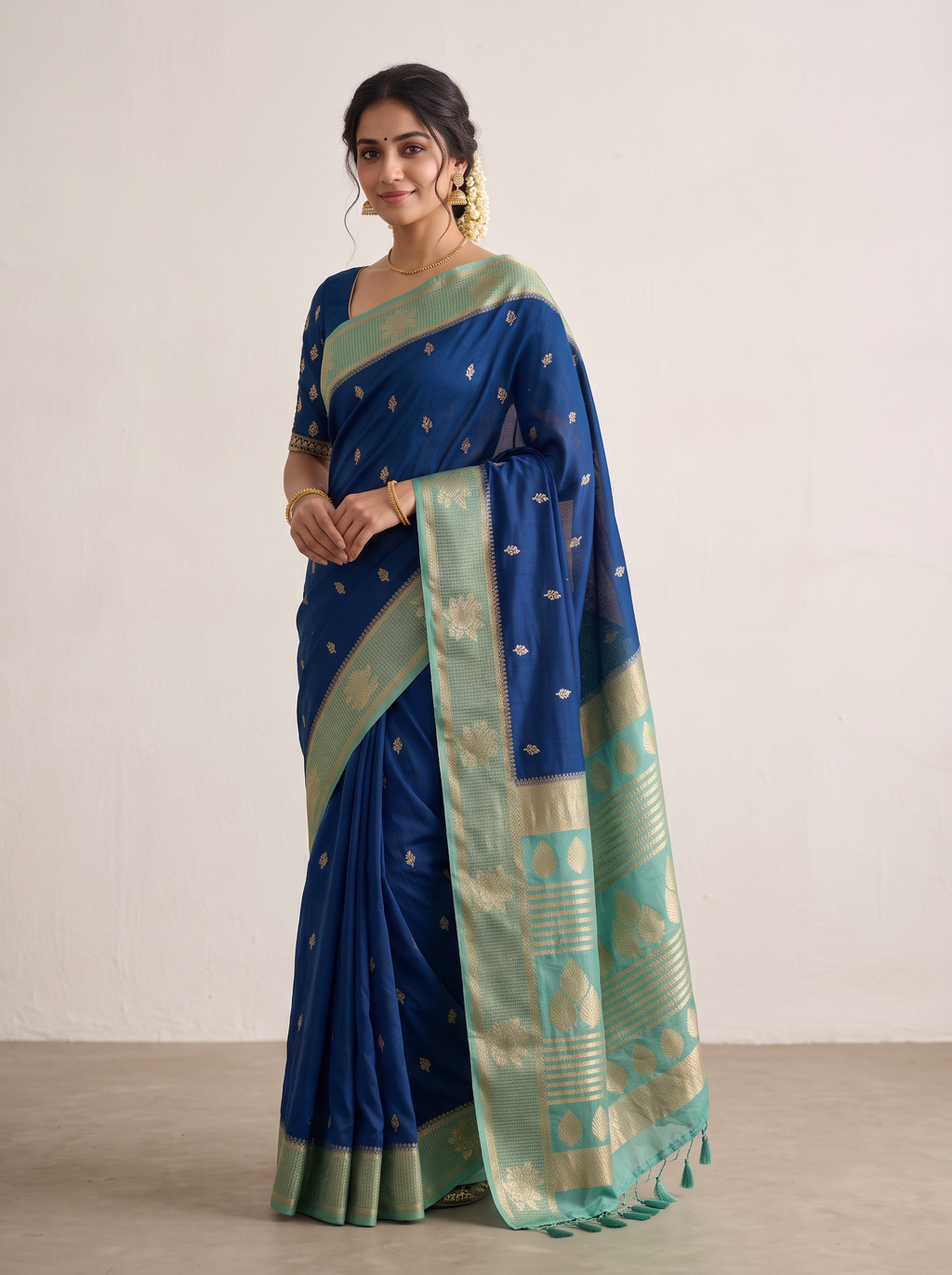 Bottle Green Matka Silk Saree with Gold Buti & Bright Canary Yellow Zari Pallu