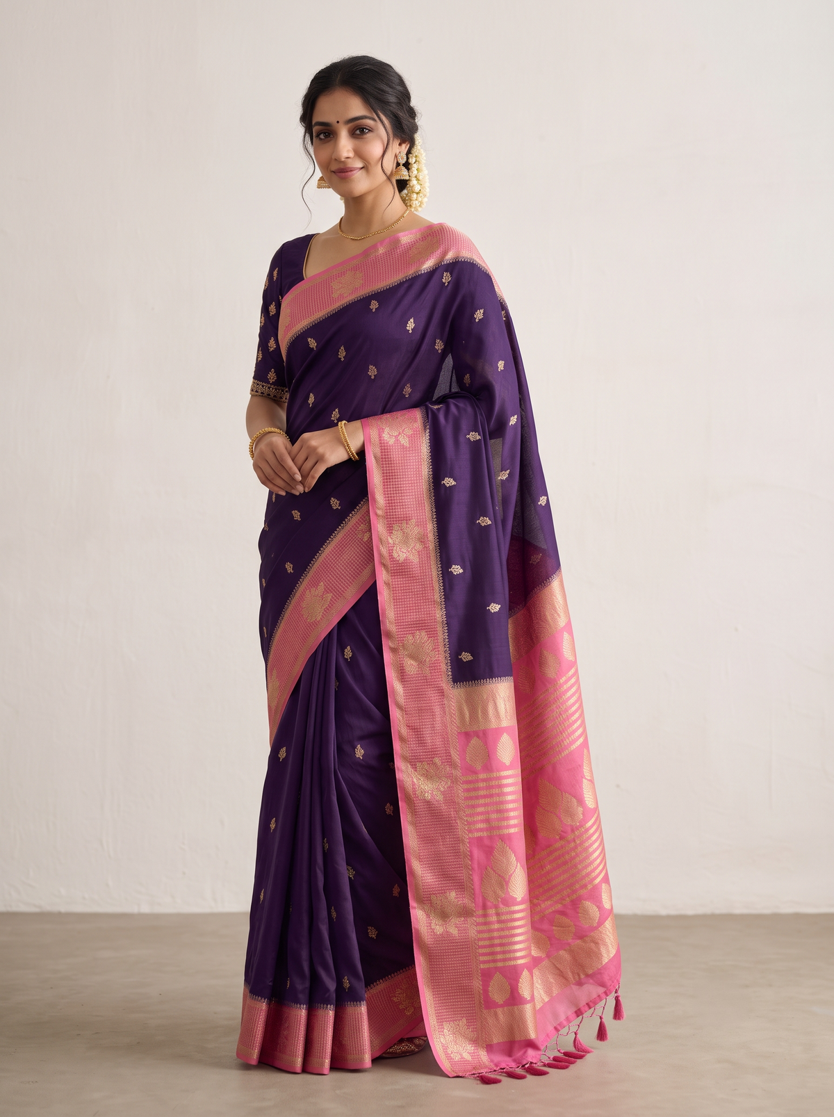 Bottle Green Matka Silk Saree with Gold Buti & Bright Canary Yellow Zari Pallu