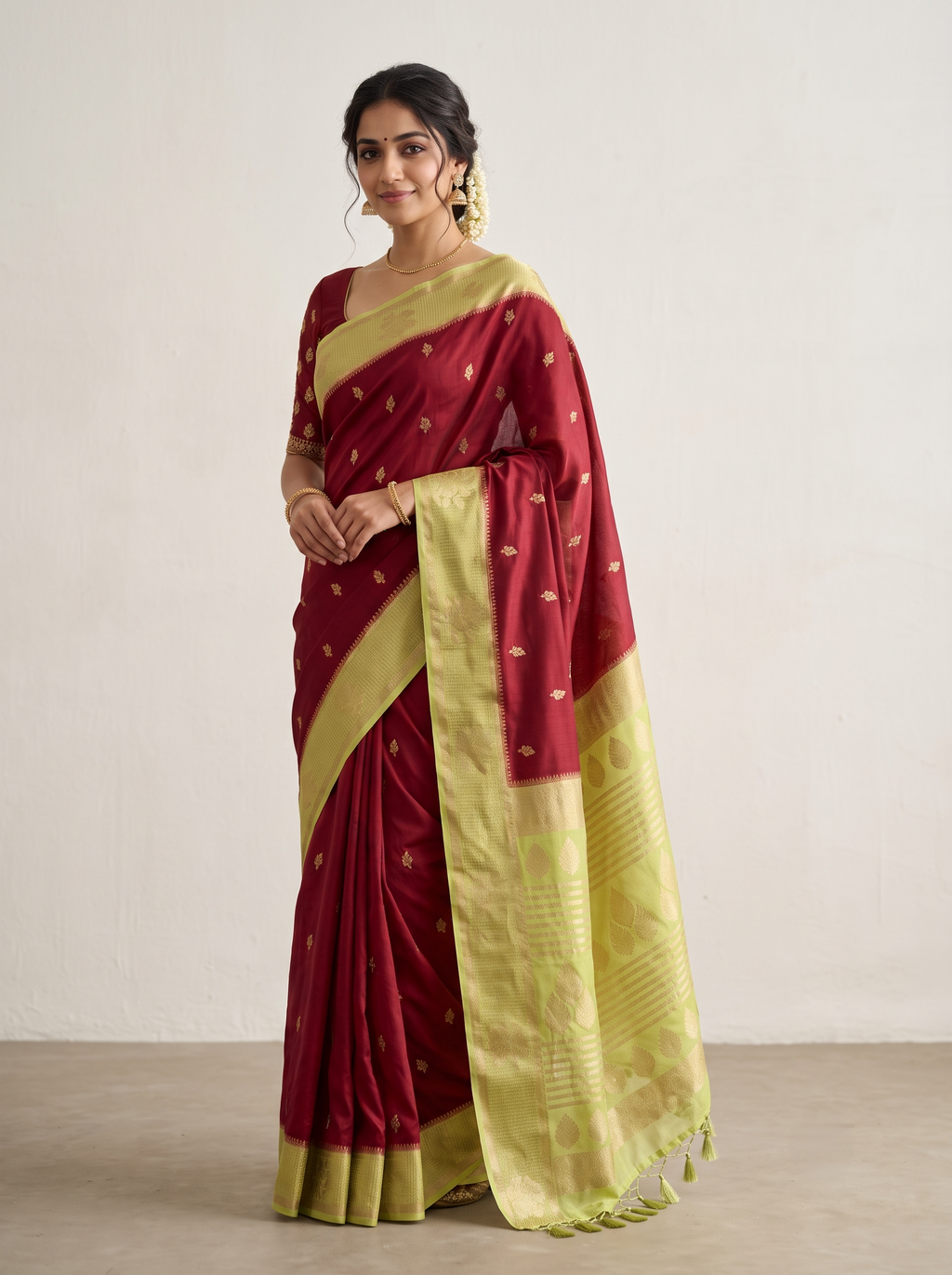 Bottle Green Matka Silk Saree with Gold Buti & Bright Canary Yellow Zari Pallu