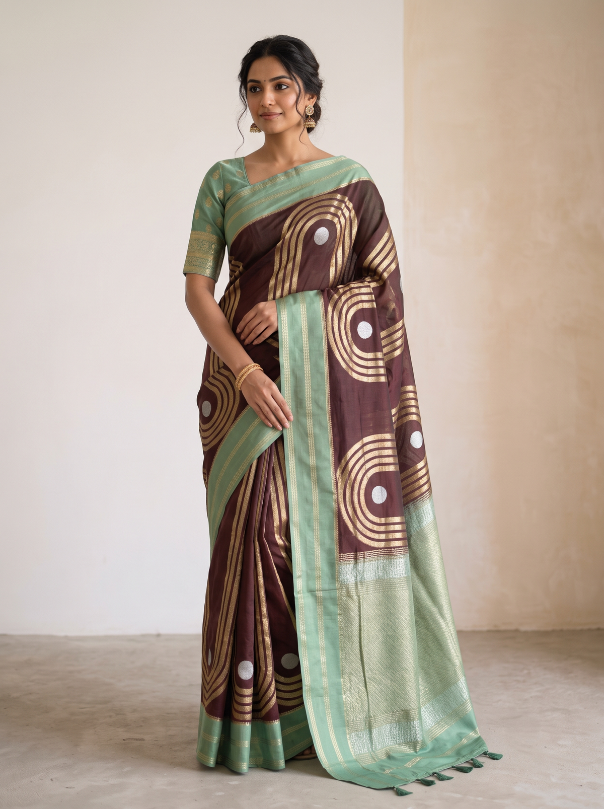 Plum & Sea Green Katan Silk Saree with Modern Abstract Patterns