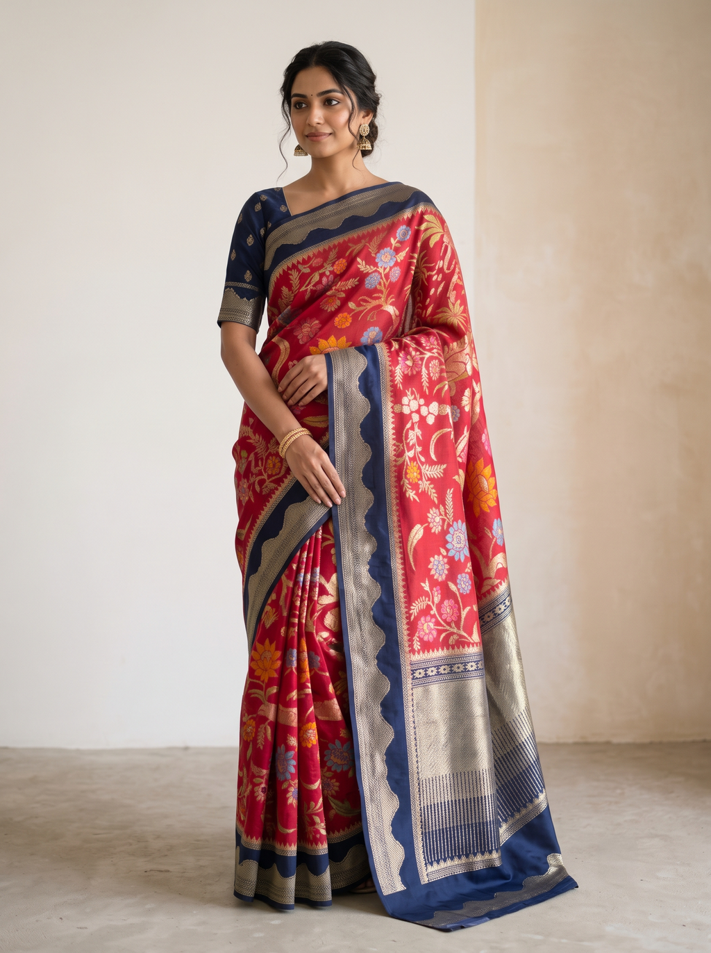 Crimson Red Pure Katan Silk Jamdani Saree with Royal Blue Zari Scallop Border
