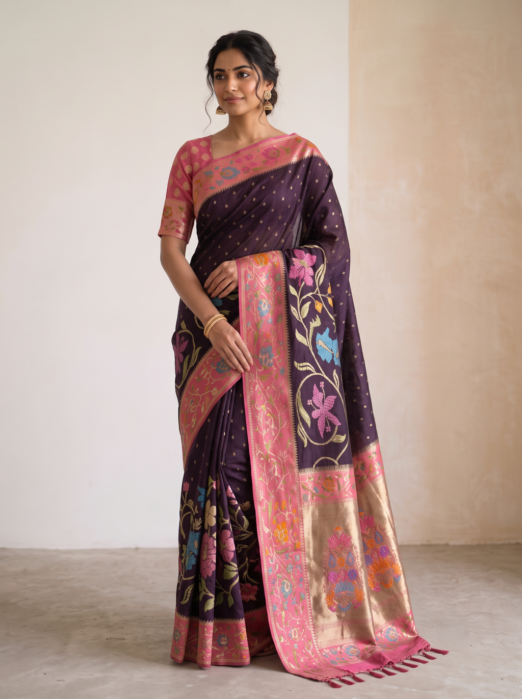Deep Eggplant Purple Katan Silk Saree with Jamdani Floral Border & Rani Pink Zari Pallu