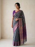 Charcoal Grey Crepe Silk Saree with Gold Zari Buti & Royal Violet Purple Striped Border