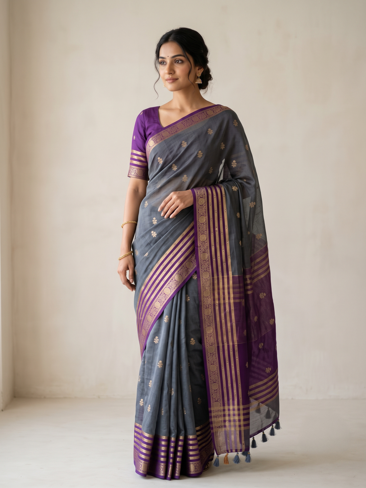 Charcoal Grey Crepe Silk Saree with Gold Zari Buti & Royal Violet Purple Striped Border