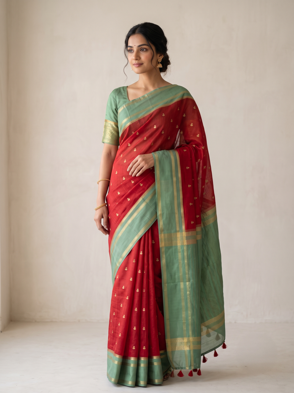 Crimson Red Katan Silk Saree with Gold Buti & Sage Green Satin Zari Border